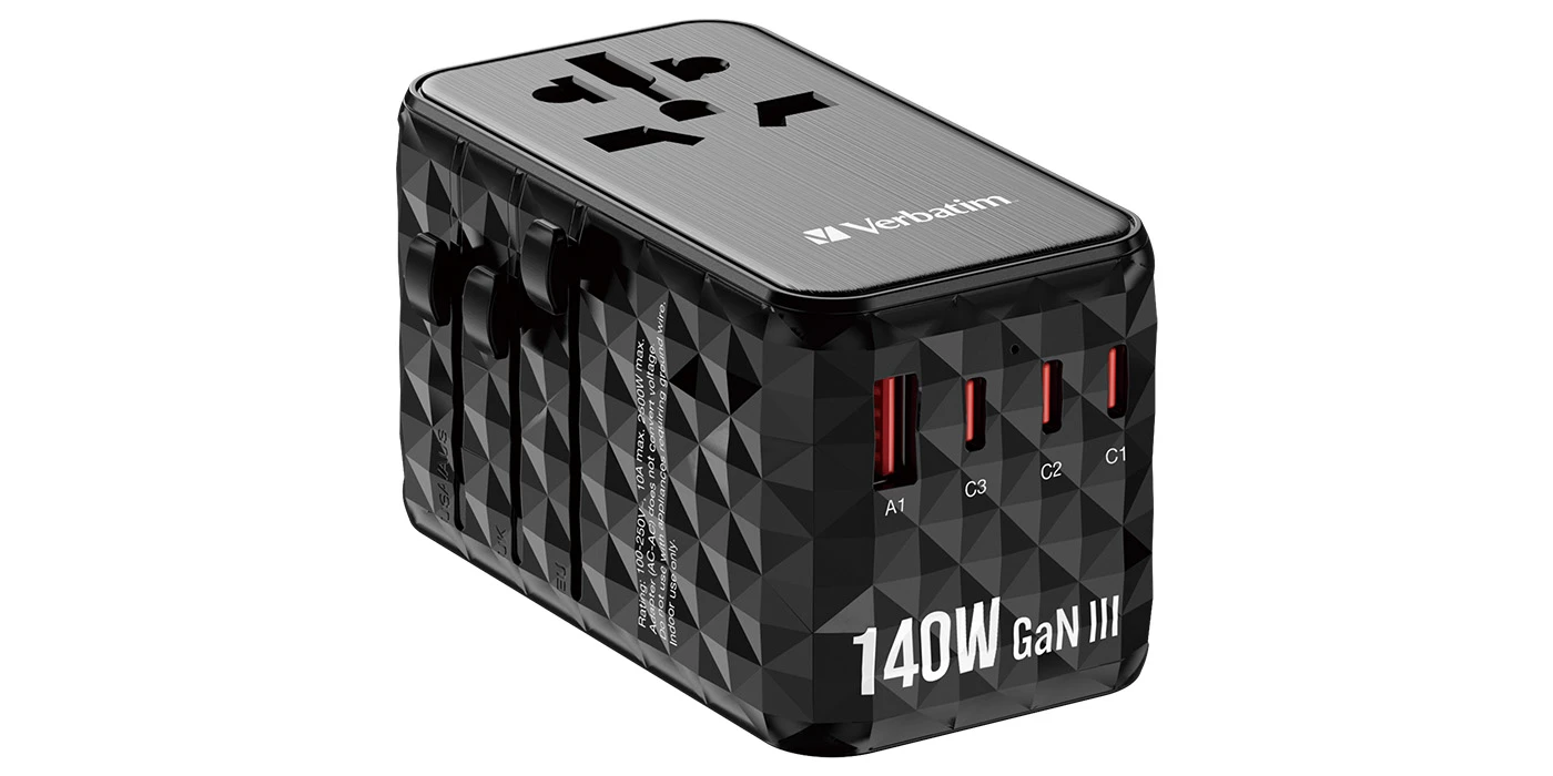 Verbatim kelioninis adapteris EU/UK/US GaN USB-A/3xUSB-C PD 140W UTA-10 juodas 32125 aprašymas - Prekės nuotrauka
