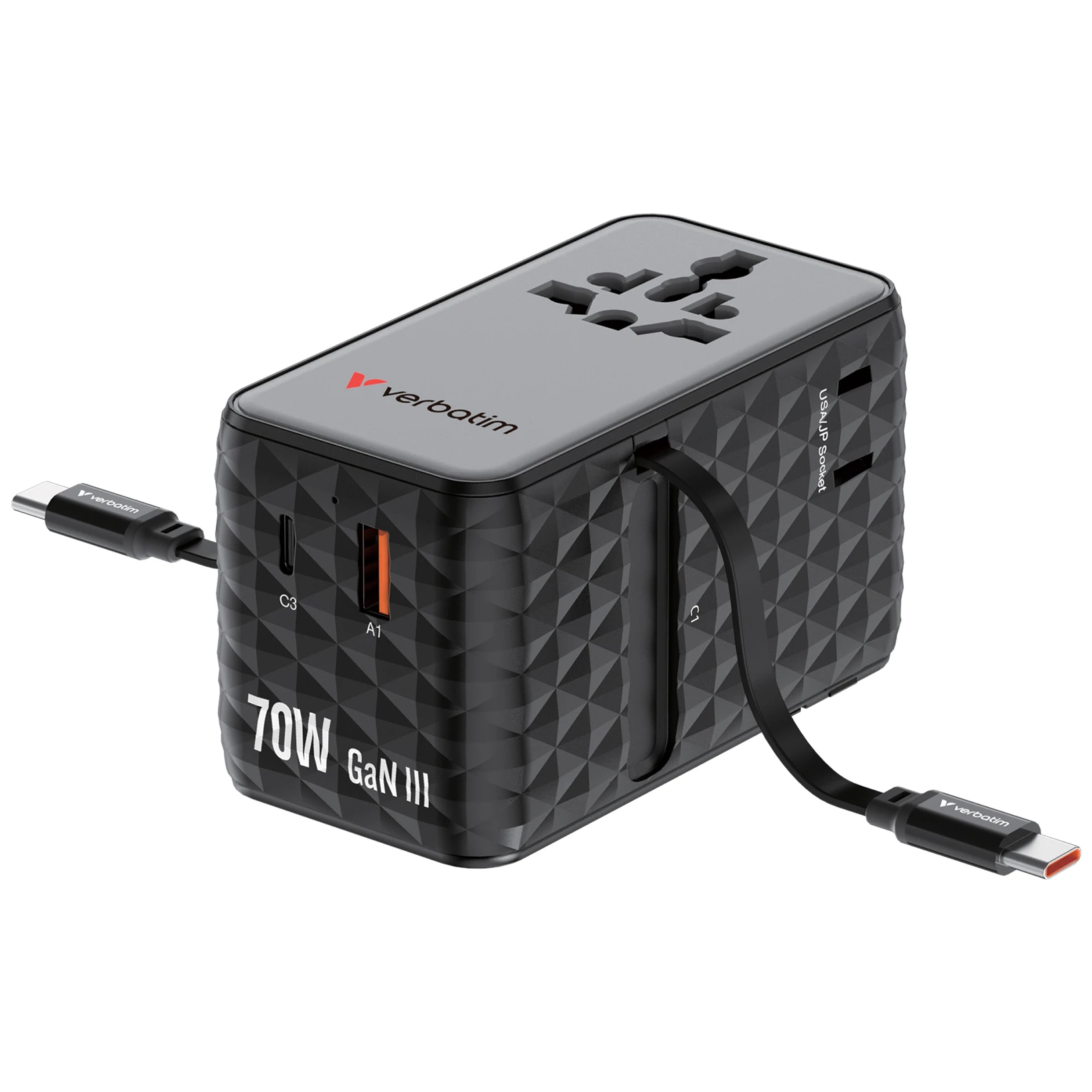 Verbatim kelioninis įkroviklis EU/UK/US GaN 1xUSB-C/1xUSB-A/2xUSB-C PD 70W juodos spalvos 30186 aprašymas - Prekės nuotrauka