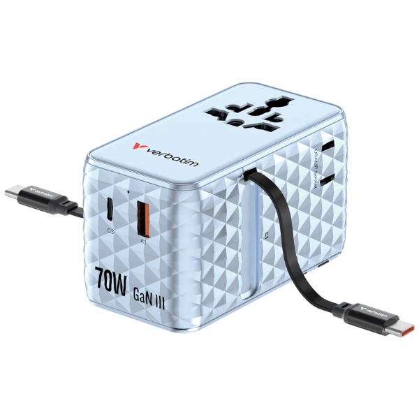 Verbatim kelioninis įkroviklis EU/UK/US GaN 1xUSB-C/1xUSB-A/2xUSB-C PD 70W mėlynos spalvos 30187 aprašymas - Prekės nuotrauka Verbatim kelioninis įkroviklis EU/UK/US GaN 1xUSB-C/1xUSB-A/2xUSB-C PD 70W mėlynos spalvos 30187 aprašymas - Prekės nuotrauka