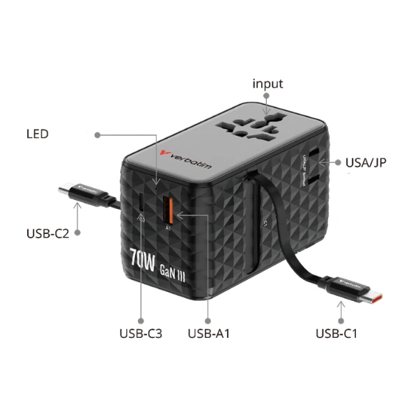 Verbatim kelioninis įkroviklis EU/UK/US GaN 1xUSB-C/1xUSB-A/2xUSB-C PD 70W violetinės spalvos 30188 aprašymas - Prekės nuotrauka Verbatim kelioninis įkroviklis EU/UK/US GaN 1xUSB-C/1xUSB-A/2xUSB-C PD 70W violetinės spalvos 30188 aprašymas - Prekės nuotrauka