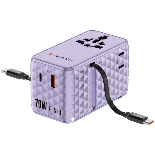 Verbatim kelioninis įkroviklis EU/UK/US GaN 1xUSB-C/1xUSB-A/2xUSB-C PD 70W violetinės spalvos 30188 aprašymas - Prekės nuotrauka Verbatim kelioninis įkroviklis EU/UK/US GaN 1xUSB-C/1xUSB-A/2xUSB-C PD 70W violetinės spalvos 30188 aprašymas - Prekės nuotrauka