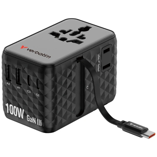 Verbatim kelioninis įkroviklis EU/UK/US GaN 2xUSB-C/2xUSB-A/1xUSB-C PD 100W juodos spalvos 30191 aprašymas - Prekės nuotrauka Verbatim kelioninis įkroviklis EU/UK/US GaN 2xUSB-C/2xUSB-A/1xUSB-C PD 100W juodos spalvos 30191 aprašymas - Prekės nuotrauka