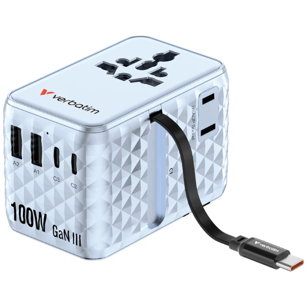 Verbatim kelioninis įkroviklis EU/UK/US GaN 2xUSB-C/2xUSB-A/1xUSB-C PD 100W mėlynos spalvos 30192 aprašymas - Prekės nuotrauka