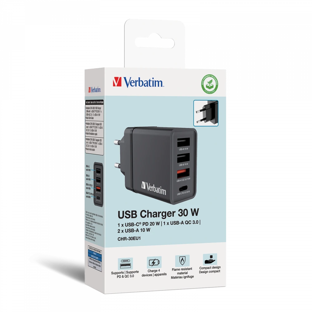 Verbatim Laidinis įkroviklis 30W 3xUSB-A/ USB-C PD 3.0 CHR-30EU2 juodos spalvos 49700 aprašymas - Prekės nuotrauka Verbatim Laidinis įkroviklis 30W 3xUSB-A/ USB-C PD 3.0 CHR-30EU2 juodos spalvos 49700 aprašymas - Prekės nuotrauka
