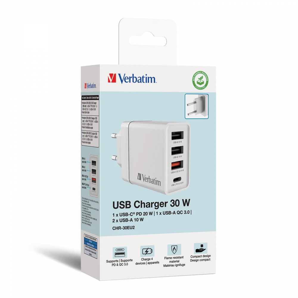Verbatim laidinis įkroviklis 30W 3xUSB-A/ USB-C PD 3.0 CHR-30EU2 baltos spalvos 49701 aprašymas - Prekės nuotrauka Verbatim laidinis įkroviklis 30W 3xUSB-A/ USB-C PD 3.0 CHR-30EU2 baltos spalvos 49701 aprašymas - Prekės nuotrauka