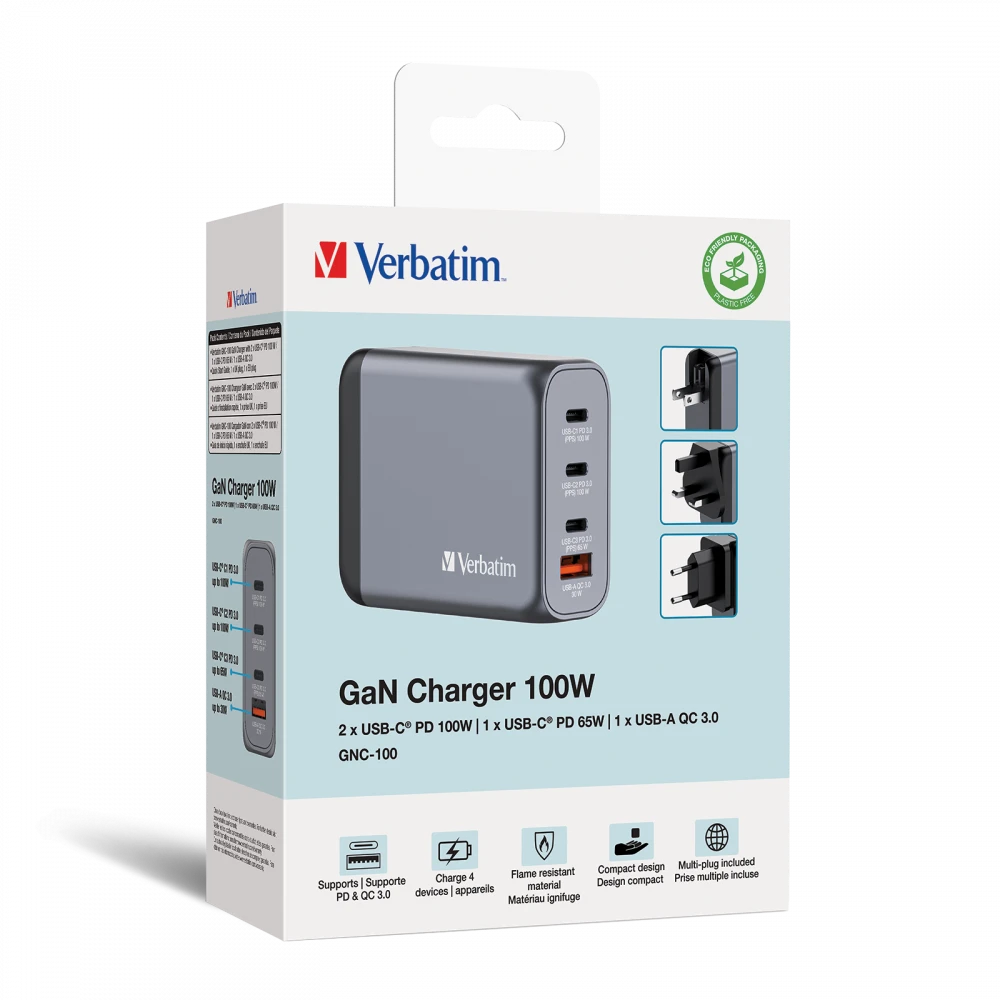 Verbatim Laidinis įkroviklis GaN 100W 3xUSB-C/USB-A + Adapteris EU/UK/US GNC-100 32202 aprašymas - Prekės nuotrauka Verbatim Laidinis įkroviklis GaN 100W 3xUSB-C/USB-A + Adapteris EU/UK/US GNC-100 32202 aprašymas - Prekės nuotrauka