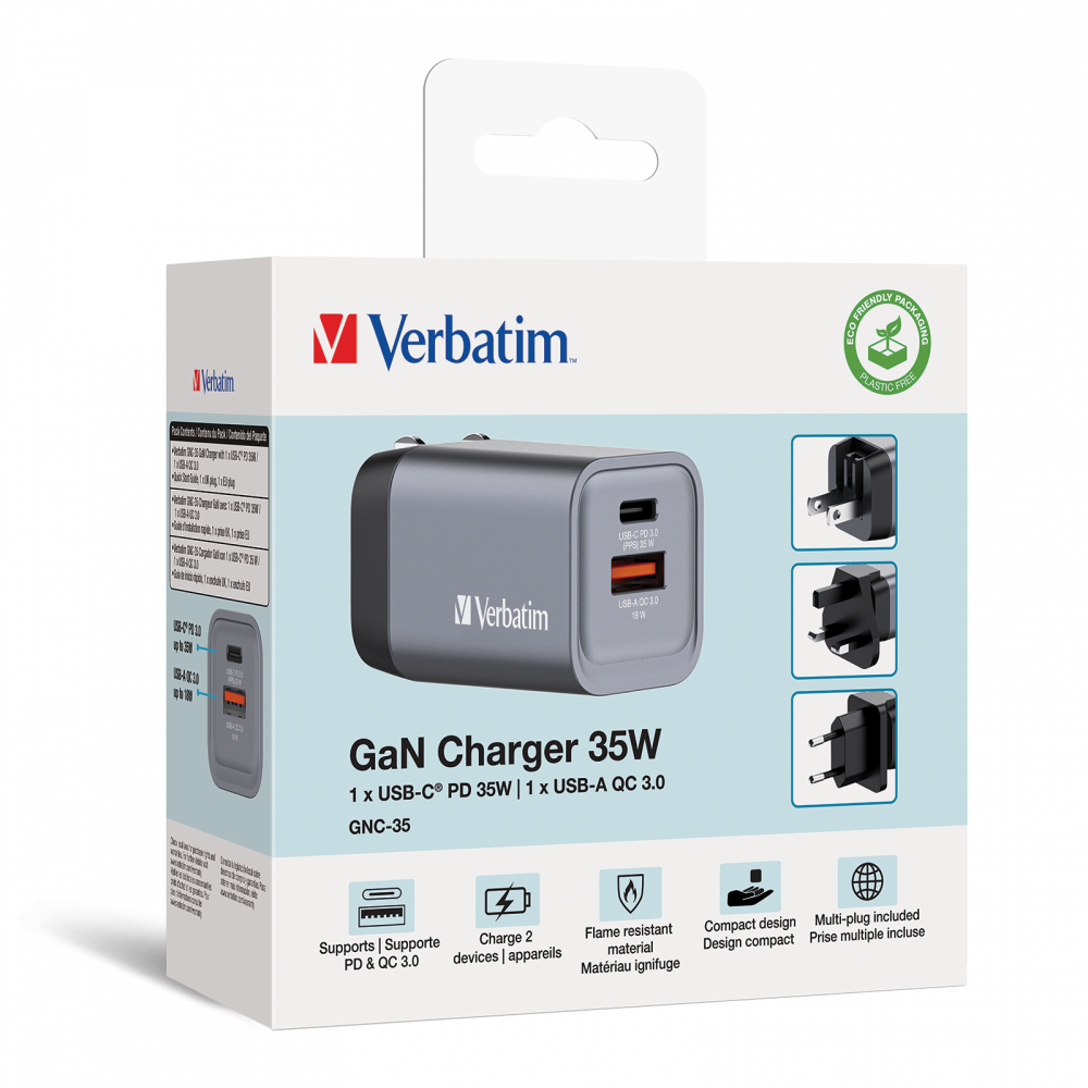 Verbatim Laidinis įkroviklis GaN 35W USB-C/USB-A + Adapteris EU/UK/US GNC-35 32200 aprašymas - Prekės nuotrauka