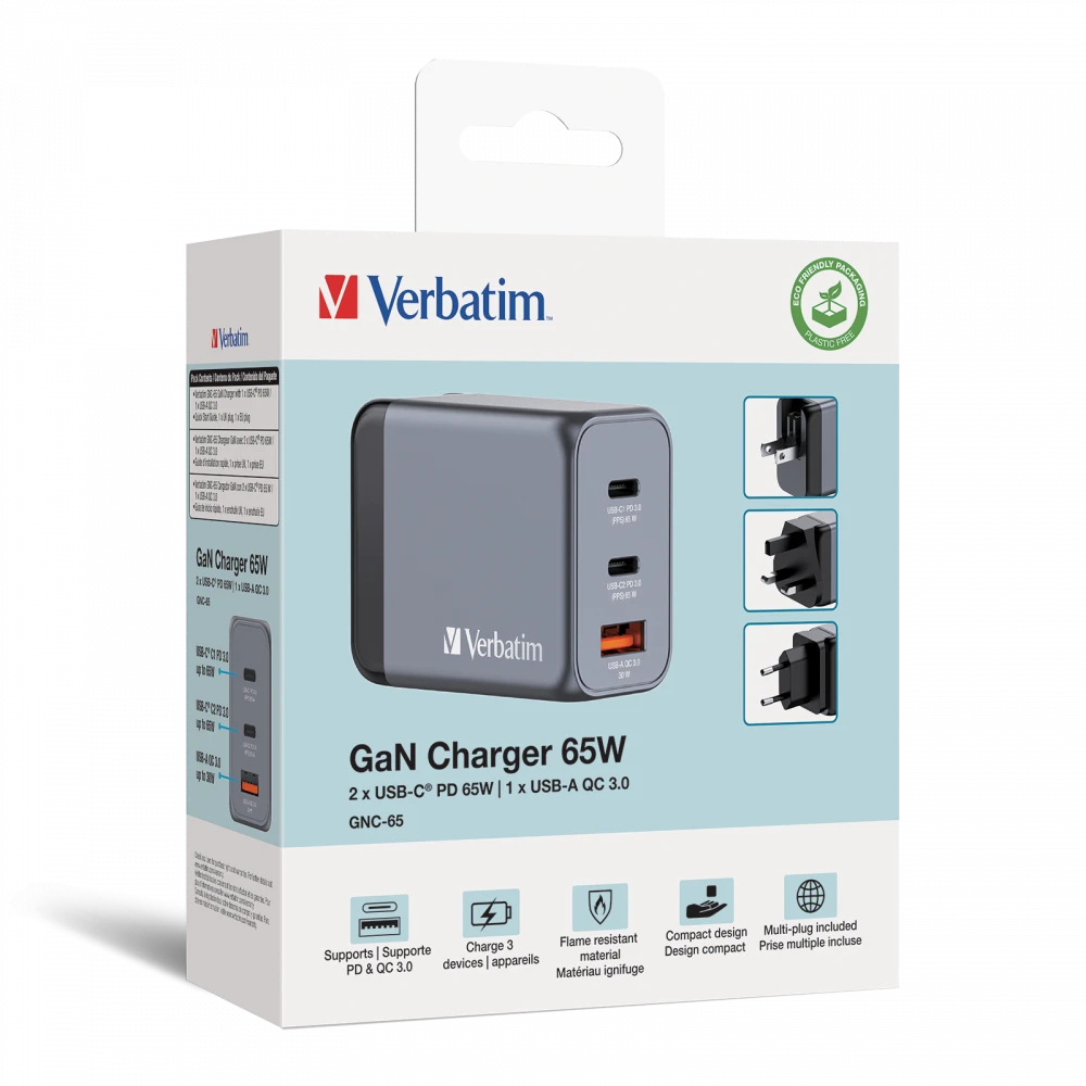 Verbatim GNC-65 GaN įkroviklis 3-Port 65W USB-A/USB-C aprašymas - Prekės nuotrauka Verbatim GNC-65 GaN įkroviklis 3-Port 65W USB-A/USB-C aprašymas - Prekės nuotrauka