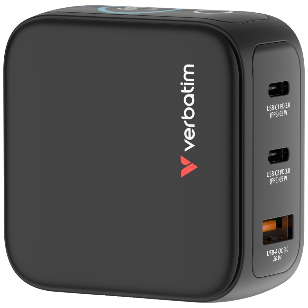 Verbatim Mini GaN mains charger 65W 2xUSB-C PD/1x USB-A QC EU/UK/USA adapter juodos spalvos 30238 aprašymas - Prekės nuotrauka Verbatim Mini GaN mains charger 65W 2xUSB-C PD/1x USB-A QC EU/UK/USA adapter juodos spalvos 30238 aprašymas - Prekės nuotrauka