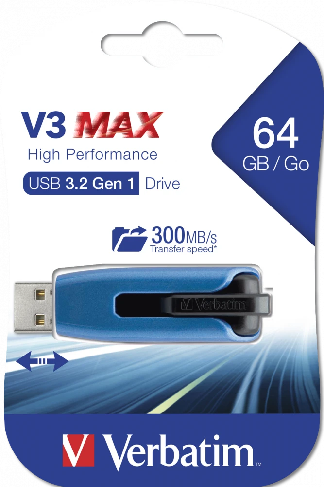 Verbatim Pendrive 64GB USB-A 3.2 V3 MAX mėlynos spalvos 49807 aprašymas - Prekės nuotrauka