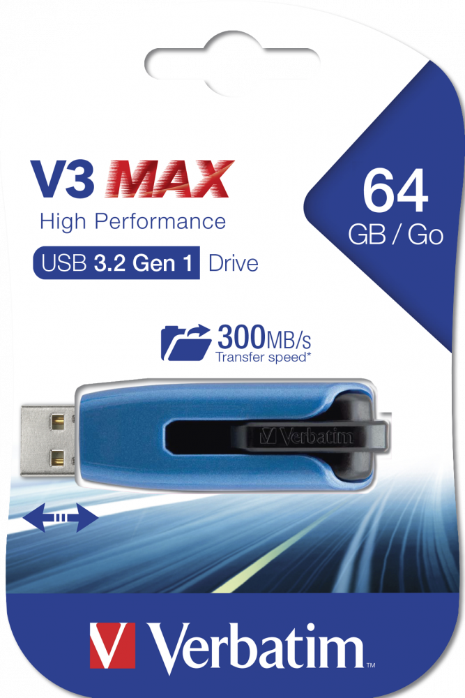 Verbatim USB atmintinė 64GB USB-A 3.2 V3 MAX mėlynos spalvos 49807 aprašymas - Prekės nuotrauka