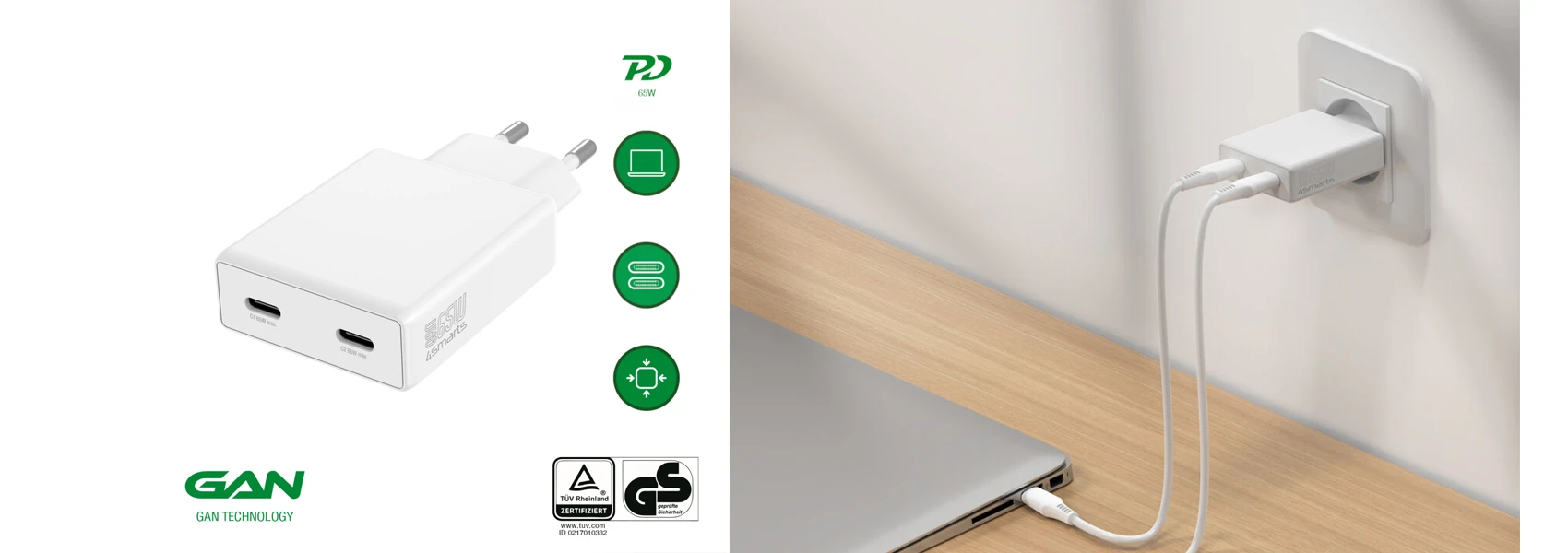 Sieninis įkroviklis 4smarts PDPlug Slim dvigubas 65W GaN 2xUSB-C baltos spalvos aprašymas - Prekės nuotrauka Sieninis įkroviklis 4smarts PDPlug Slim dvigubas 65W GaN 2xUSB-C baltos spalvos aprašymas - Prekės nuotrauka