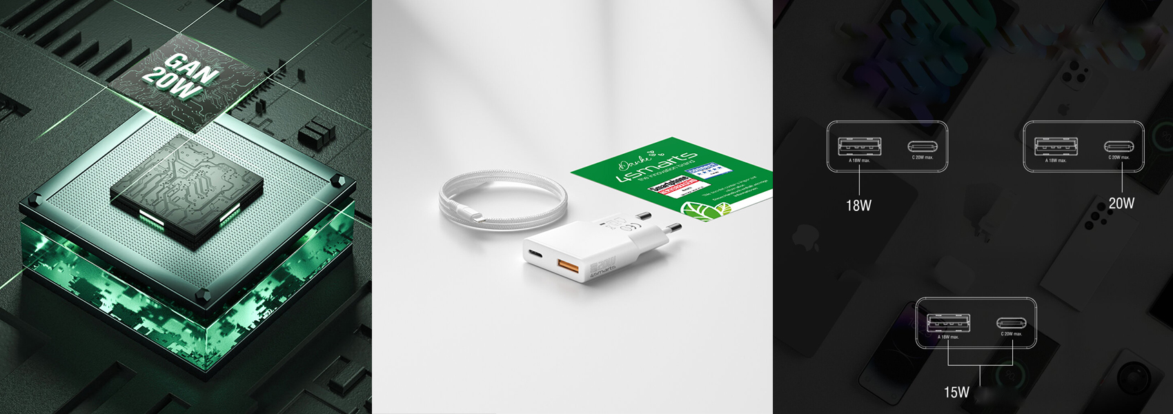 Wall Charger 4smarts PDPlug Slim Duos 20W GaN USB-C+USB-A + USB-C cable 1.5m baltos spalvos aprašymas - Prekės nuotrauka