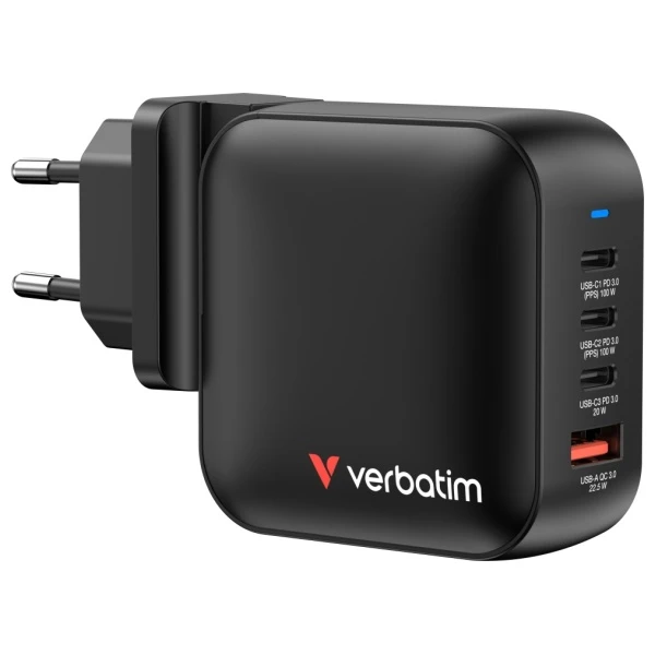 Wall Charger Verbatim Mini GaN 100W 3xUSB-C PD/1x USB-A QC juodas 32231 aprašymas - Prekės nuotrauka Wall Charger Verbatim Mini GaN 100W 3xUSB-C PD/1x USB-A QC juodas 32231 aprašymas - Prekės nuotrauka