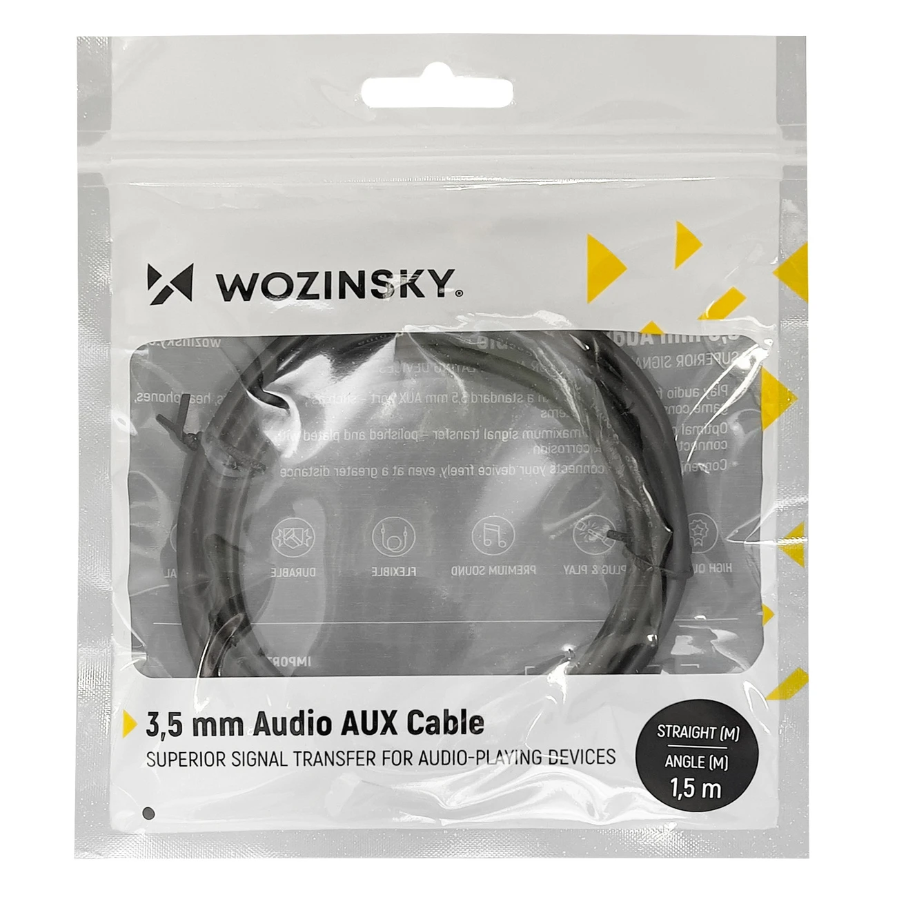 Wozinsky AUX kabelis kampinis (vyriškas-vyriškas) mini jack kabelis 1,5 m juodas aprašymas - Prekės nuotrauka