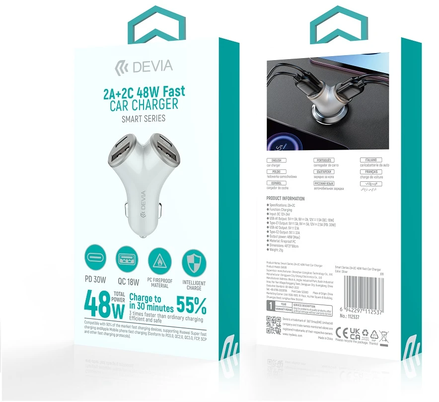 Devia automobilinis įkroviklis Extreme Metal PD 48W 2x USB 2x USB-C sidabrinis