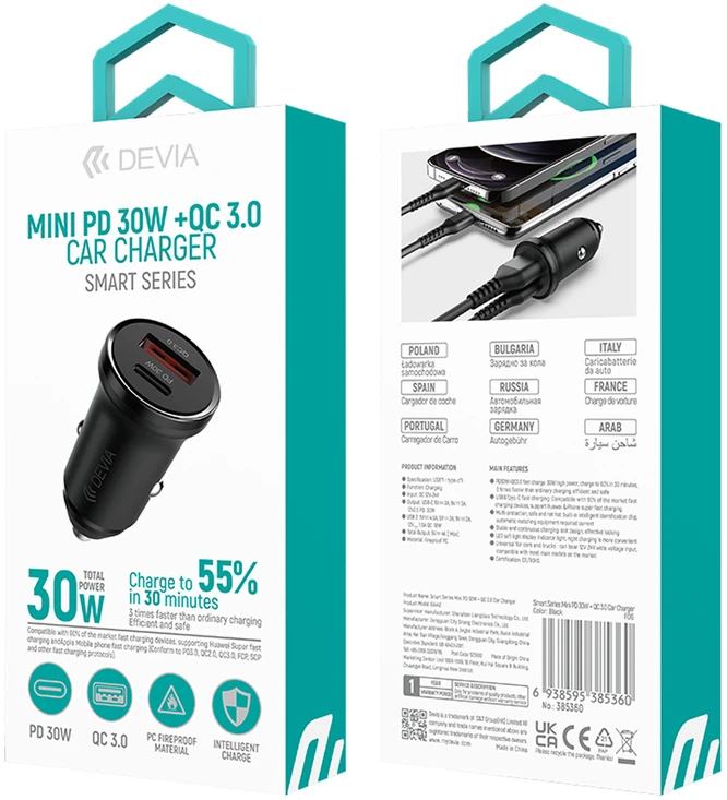 Devia automobilinis įkroviklis Smart Mini PD QC 3.0 30W 1x USB 1x USB-C baltas
