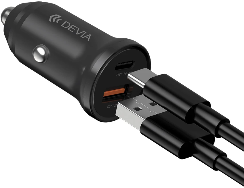 Devia automobilinis įkroviklis Smart Mini PD QC 3.0 30W 1x USB 1x USB-C baltas