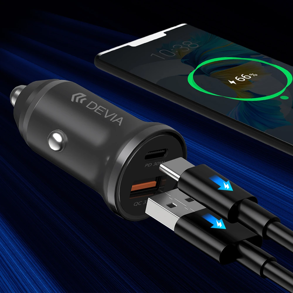 Devia automobilinis įkroviklis Smart Mini PD QC 3.0 30W 1x USB 1x USB-C baltas