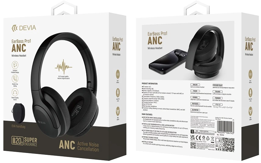 Devia Bluetooth ausinės EarBass Pro1 juodos spalvos su ANC