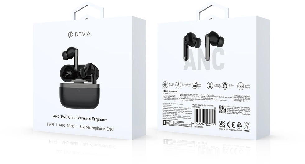 Devia Bluetooth ausinės TWS Ultra1 juodos su ANC