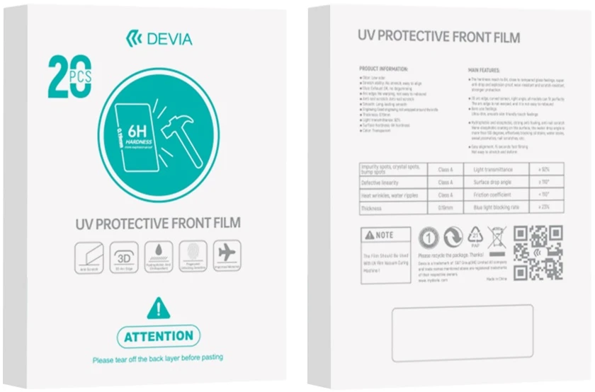 Devia išmaniųjų telefonų ekrano apsauginės plėvelės rinkinys UV 0,19mm 20vnt. 6H, skirtas išmaniųjų telefonų LCD pjaustymo staklėms