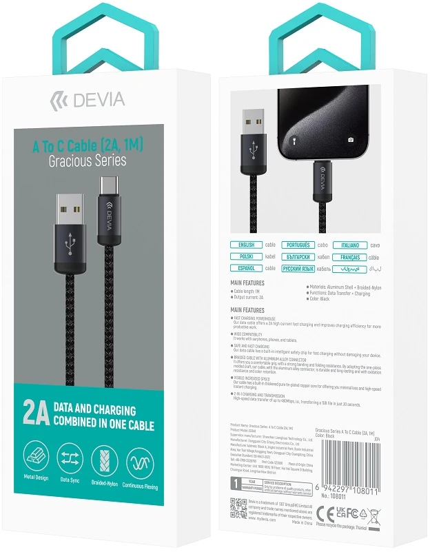 Devia laidas Gracious EC649 USB – USB-C 1,0 m 2A juodas