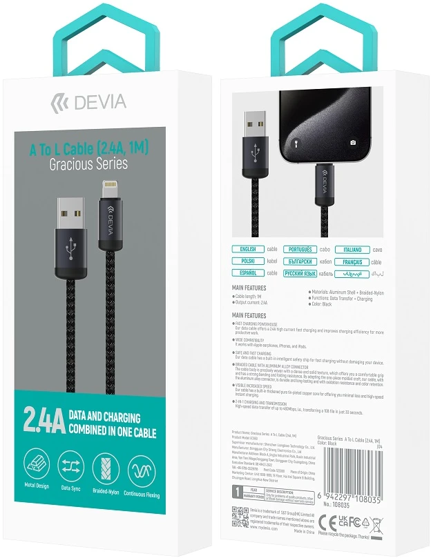 Devia laidas Gracious EC650 USB – USB-C 1,0 m 2,4A juodas