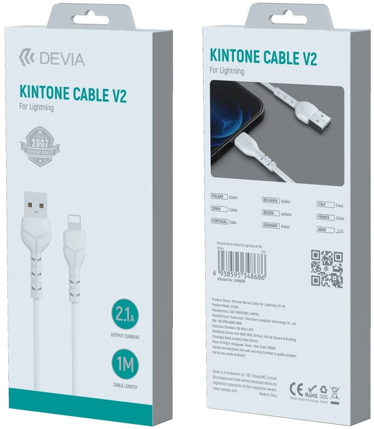 USB laidas Devia Kintone Lightning 1.0m baltas 5V 2.1A