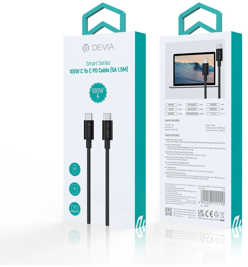 Devia laidas Smart EC317 PD USB-C – USB-C 1,5 m 100W 5A juodas