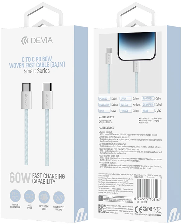 Devia laidas Smart EC325 PD USB-C – USB-C 1,0 m 60W 3A mėlynas