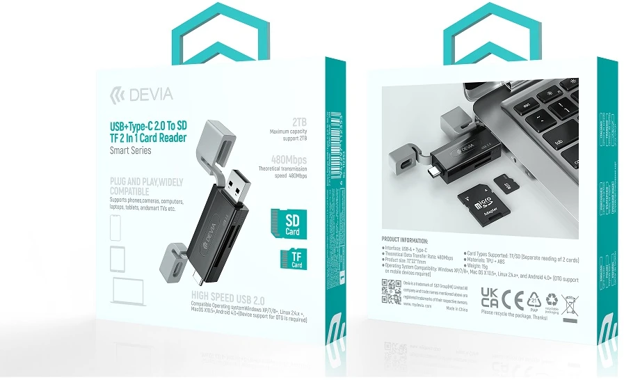 Atminties kortelė Devia kortelių skaitytuvas 2in1 EL239 USB/USB-C 2.0 juodas