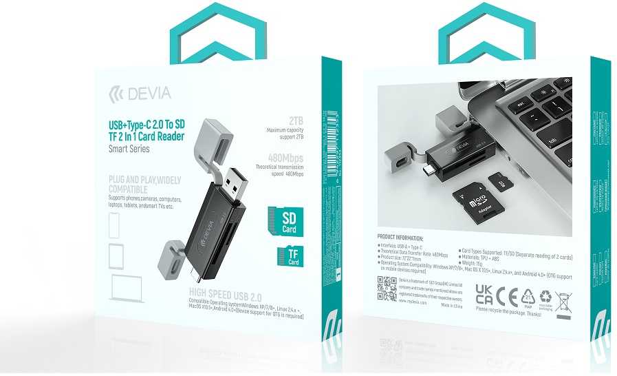 Devia kortelių skaitytuvas 2in1 EL239 USB/USB-C 2.0 juodos spalvos
