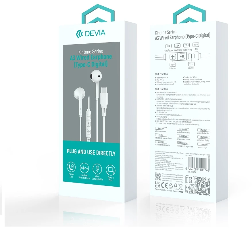Devia laidinės ausinės Kintone A3 Digital USB-C baltos
