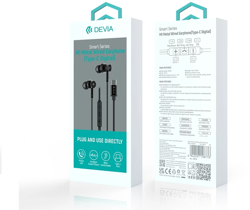 Devia laidinės ausinės Smart M1 Digital Metal USB-C juodos