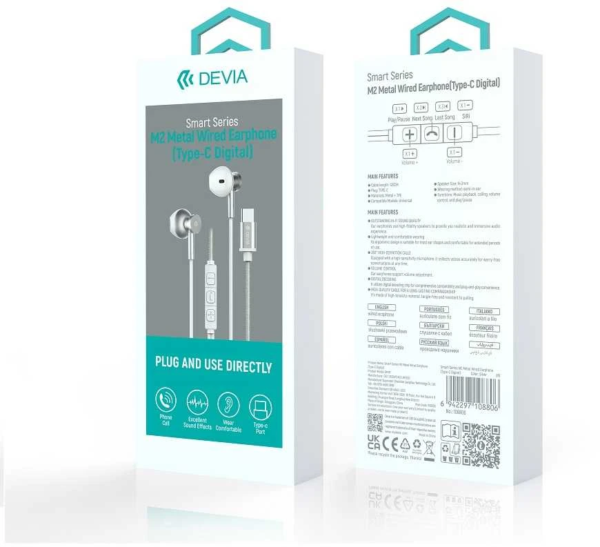 Devia laidinės ausinės Smart M2 Digital Metal USB-C sidabro spalvos