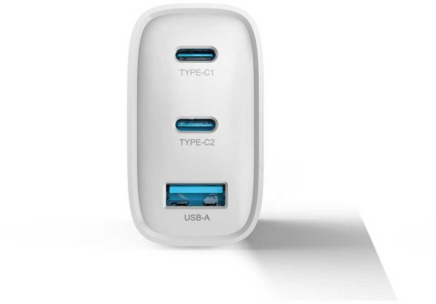 Devia laidinis įkroviklis Extreme PD GaN 65W 2x USB-C 1x USB baltos spalvos + kabeliu USB-C - USB-C laptop charger