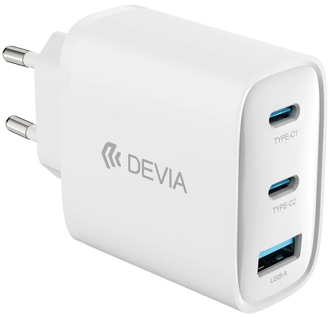 Devia sieninis įkroviklis Extreme PD GaN 65W 2x USB-C 1x USB baltas + laidas USB-C – USB-C nešiojamojo kompiuterio įkroviklis