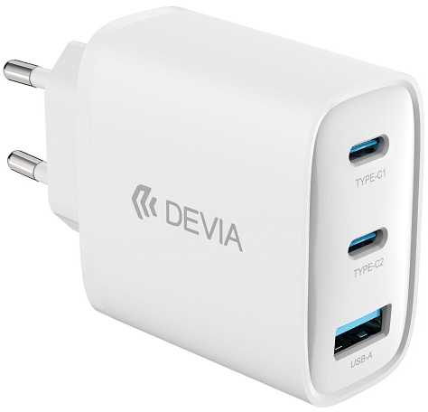 Devia laidinis įkroviklis Extreme PD GaN 65W 2x USB-C 1x USB baltos spalvos + kabeliu USB-C - USB-C laptop charger