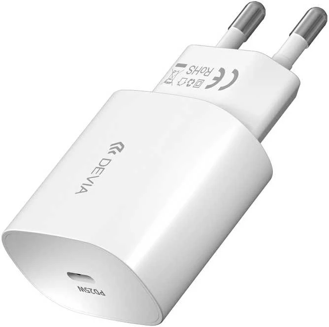 Devia sieninis įkroviklis Smart PD 25W 1x USB-C baltas + laidas USB-C – USB-C
