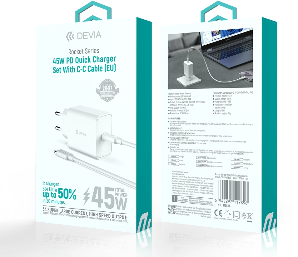 Devia sieninis įkroviklis Rocket PD 45W 1x USB-C baltas + laidas USB-C – USB-C