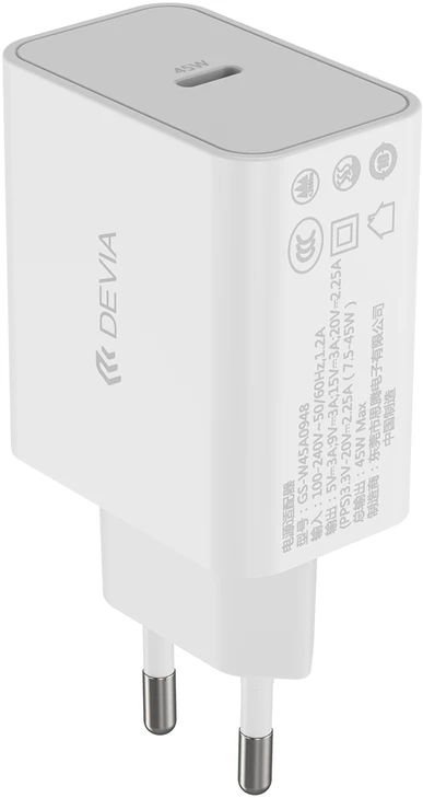 Devia sieninis įkroviklis Rocket PD 45W 1x USB-C baltas + laidas USB-C – USB-C