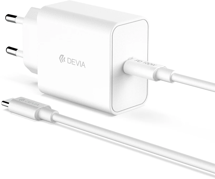 Devia sieninis įkroviklis Rocket PD 45W 1x USB-C baltas + laidas USB-C – USB-C