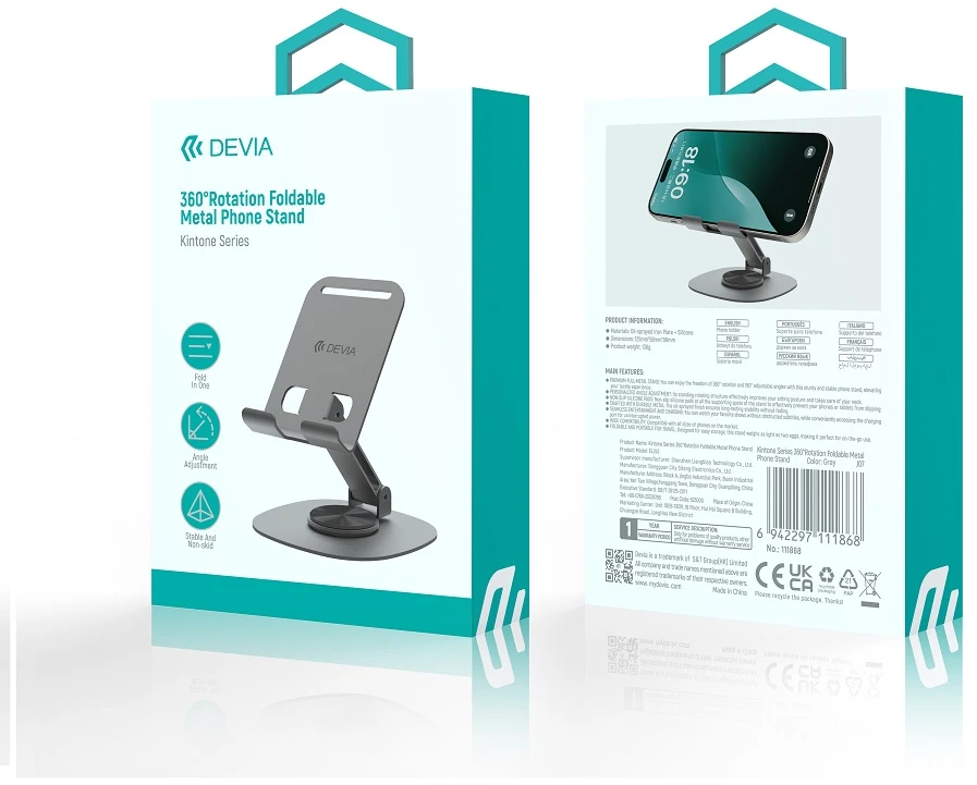 Devia sulankstomas telefono ir planšetės stovas EL243, besisukantis 360°, pilkas, metalinis