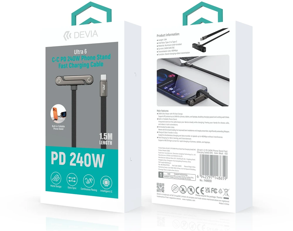 Devia Ultra6 USB-C į USB-C laidas 1.5m 240W su stovu