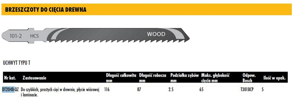 DEWALT BRZESZCZOT DO WYRZYNARKI 116x2,5mm T301BCP DREWNO /5szt.