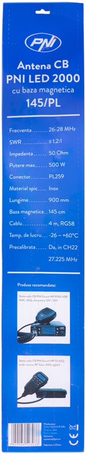 Dėžė 20 vienetų CB antenos PNI LED 2000, 90 cm, su magnetiniu pagrindu 145mm, 26-28 MHz, 500 W, šviečia perdavimo metu