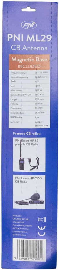 Dėžė 20 vienetų CB antenų PNI ML29, ilgis 34 cm, su pridedamu 70 mm skersmens magnetu ir RG58 kabeliu