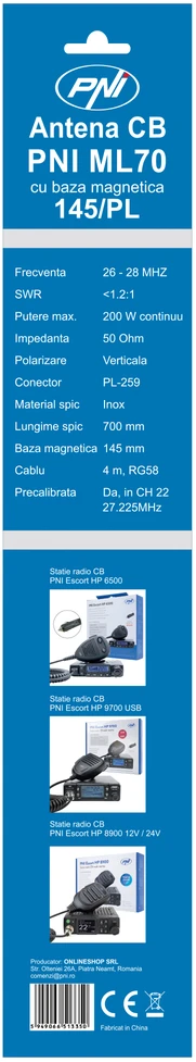 Dėžė 20 vienetų CB antenų PNI ML70, ilgis 70 cm, 26-30 MHz, 200 W, magnetas 145 mm pridedamas