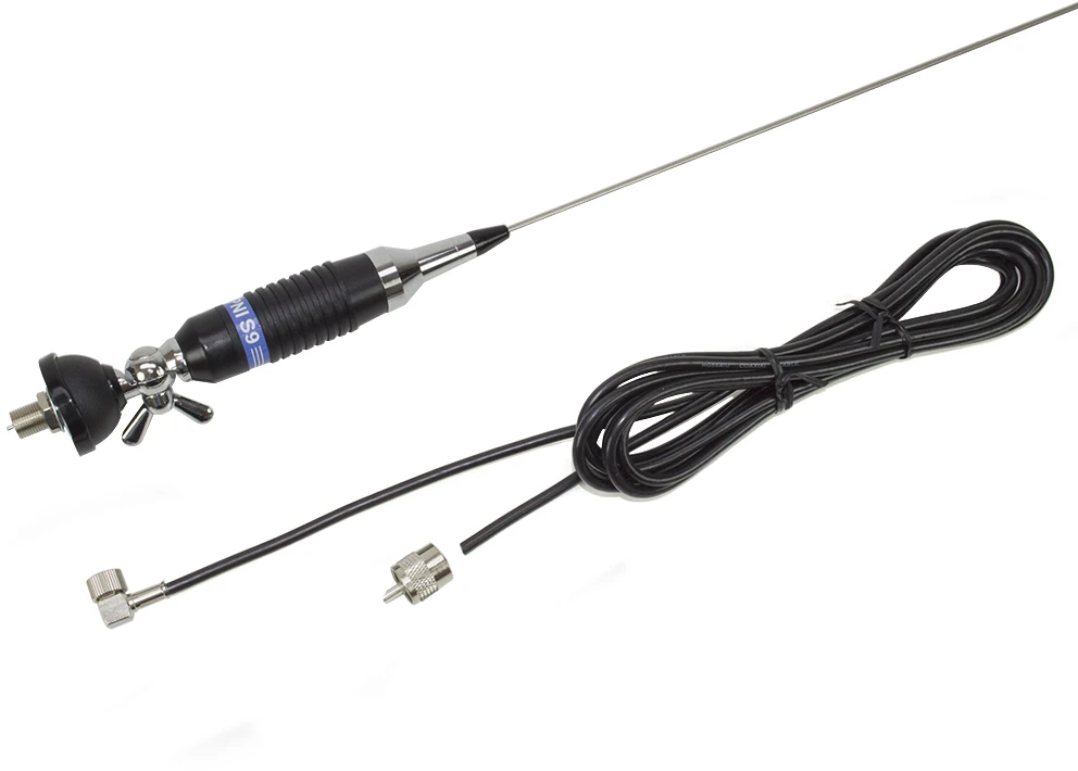 Dėžė 50 vienetų CB antenų PNI S9 su drugelio tipo laikikliu, antenos ilgis 120 cm, su 4 m RG58 kabeliu